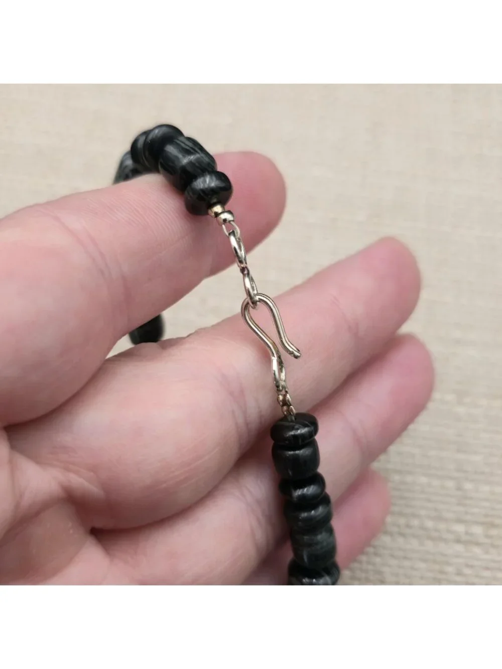 7 Inch Sterling Silver Black Striped Agate Gemstone Beaded Bracelet B1460